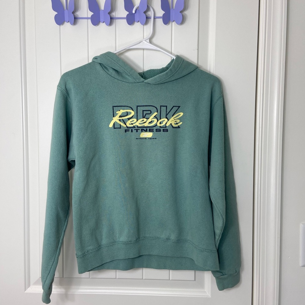 Reebok kid’s light green decal pullover hooded pocket sweatshirt jacket large
